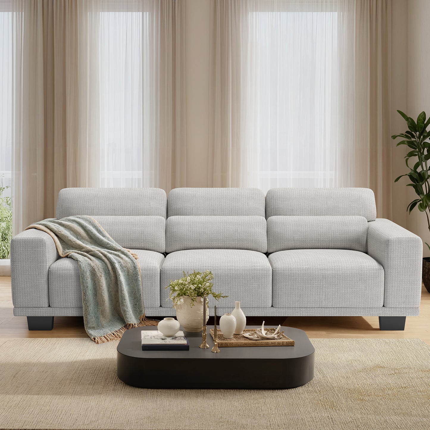 CHITOOMA 89" 3-Seater Sofa for Living Room, Deep Seat Modern Couch with Linen Fabric, Removable Covers, Wide Armrests & Steel Frame, White
