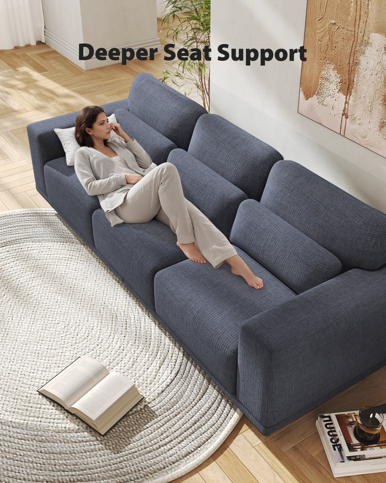 CHITOOMA 89" 3-Seater Sofa for Living Room, Deep Seat Modern Couch with Linen Fabric, Removable Covers, Wide Armrests & Steel Frame, White