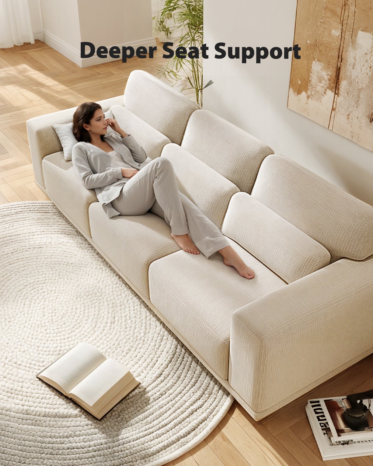 CHITOOMA 89" 3-Seater Sofa for Living Room, Deep Seat Modern Couch with Linen Fabric, Removable Covers, Wide Armrests & Steel Frame, White