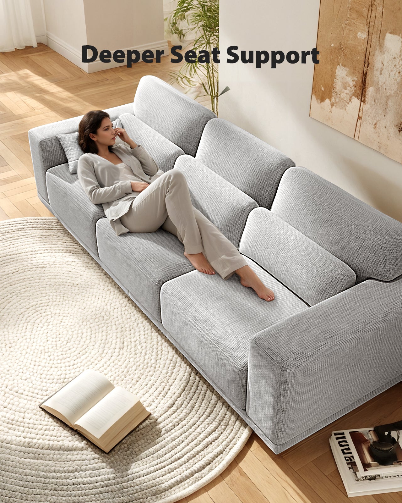 CHITOOMA 89" 3-Seater Sofa for Living Room, Deep Seat Modern Couch with Linen Fabric, Removable Covers, Wide Armrests & Steel Frame, White