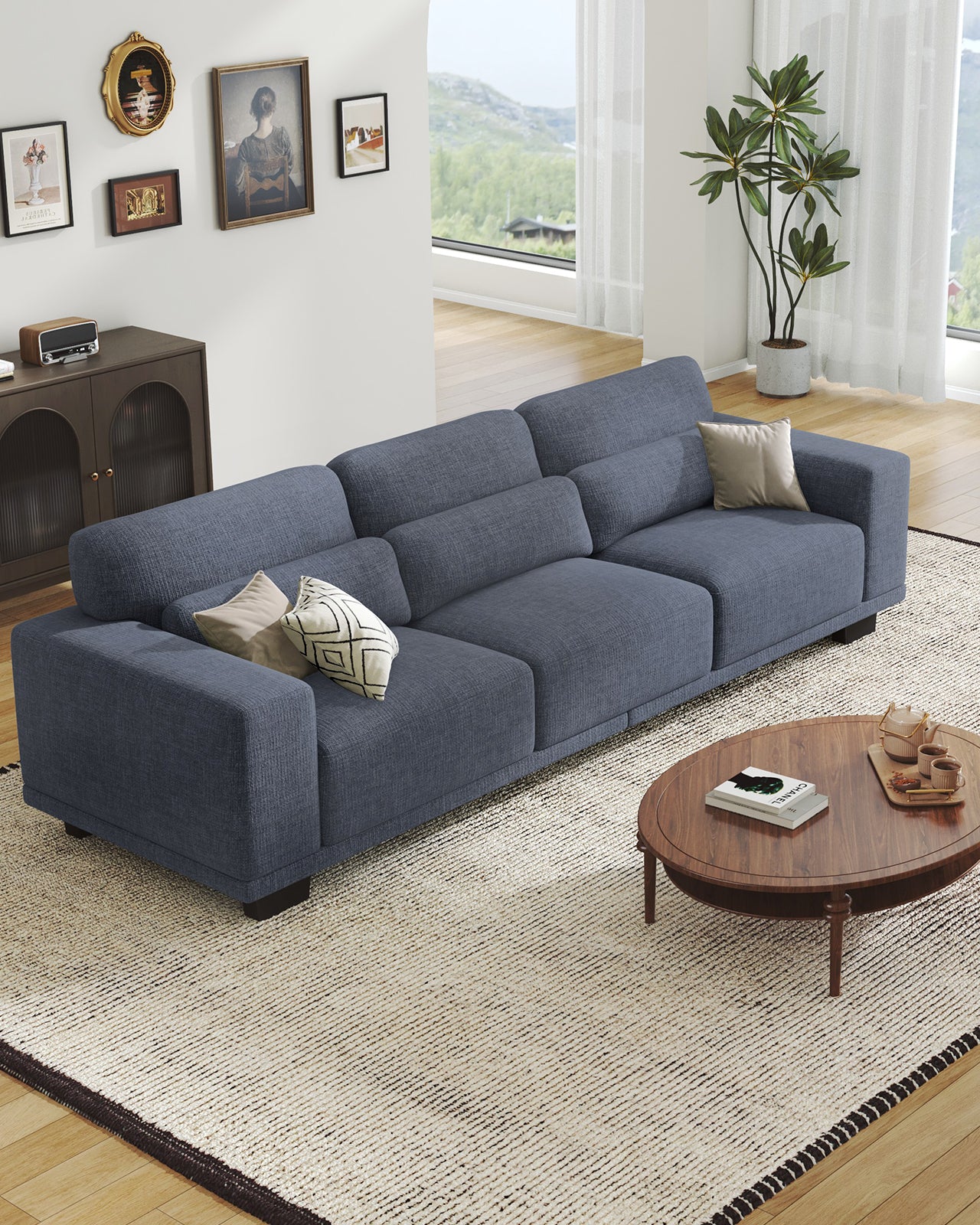 CHITOOMA 89" 3-Seater Sofa for Living Room, Deep Seat Modern Couch with Linen Fabric, Removable Covers, Wide Armrests & Steel Frame, White