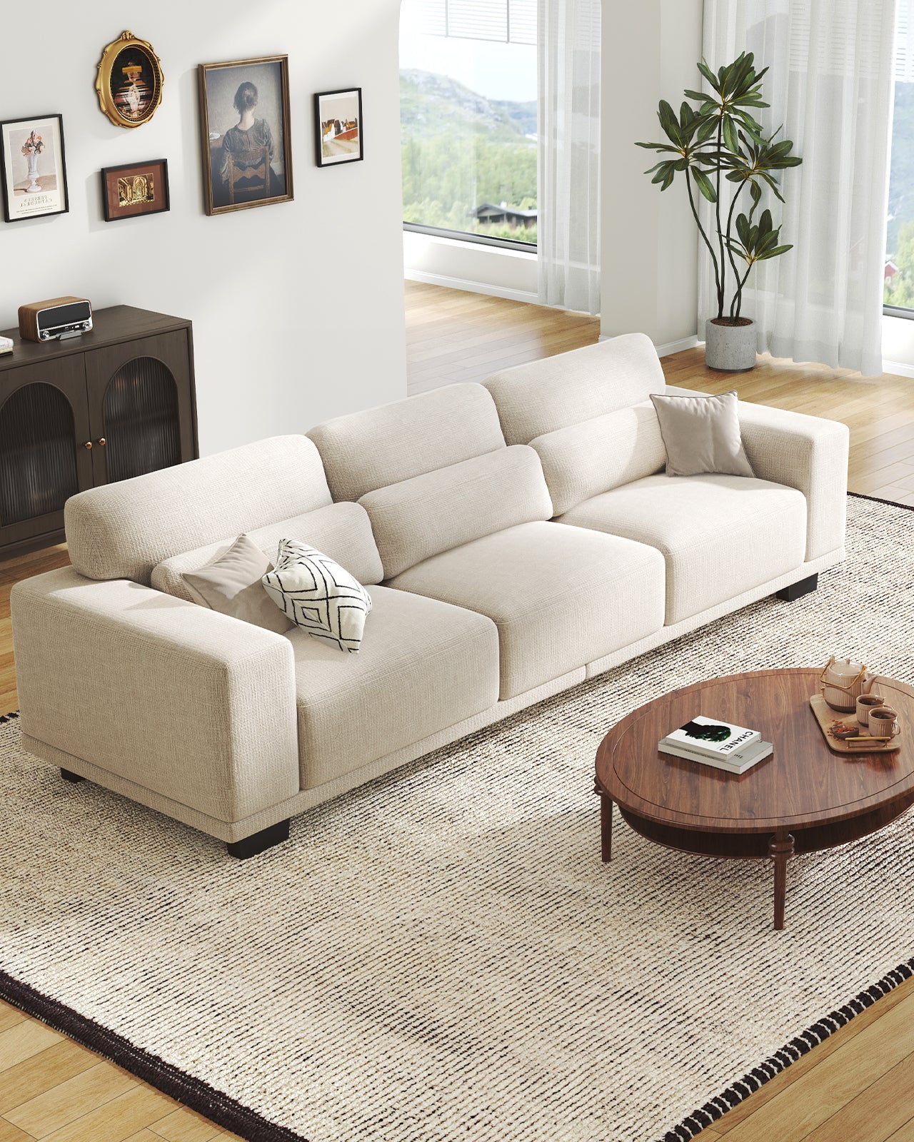 CHITOOMA 89" 3-Seater Sofa for Living Room, Deep Seat Modern Couch with Linen Fabric, Removable Covers, Wide Armrests & Steel Frame, White