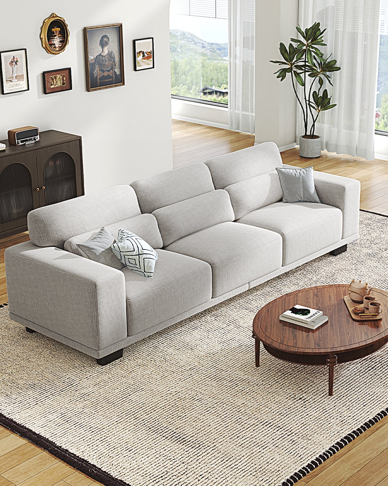 CHITOOMA 89" 3-Seater Sofa for Living Room, Deep Seat Modern Couch with Linen Fabric, Removable Covers, Wide Armrests & Steel Frame, White