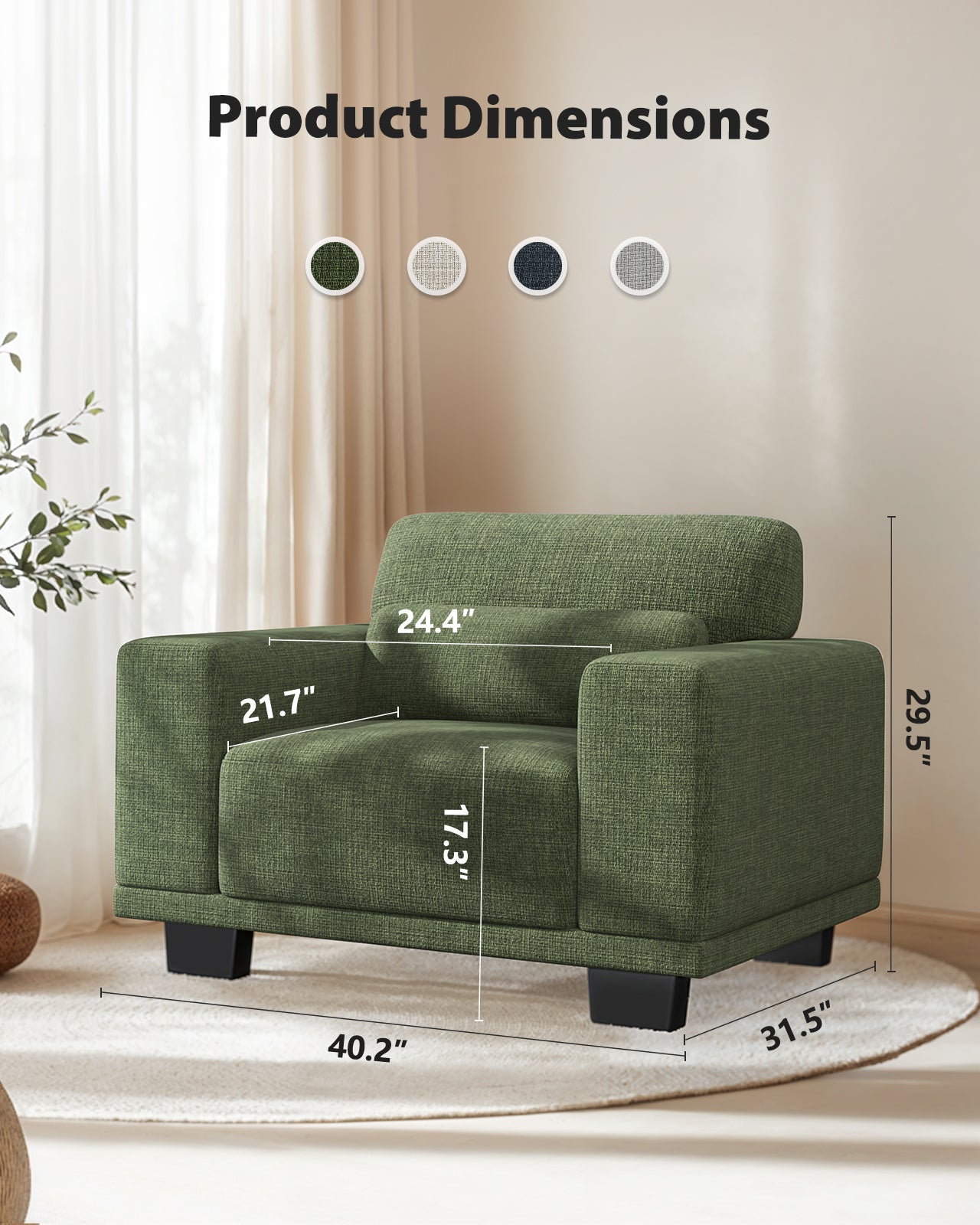 CHITOOMA 40" Oversized Accent Chair, Linen Upholstered Armchair with Washable Covers & Wide Armrests, Deep Seat Sofa Chair for Living Room, Bedroom, or Office, Green