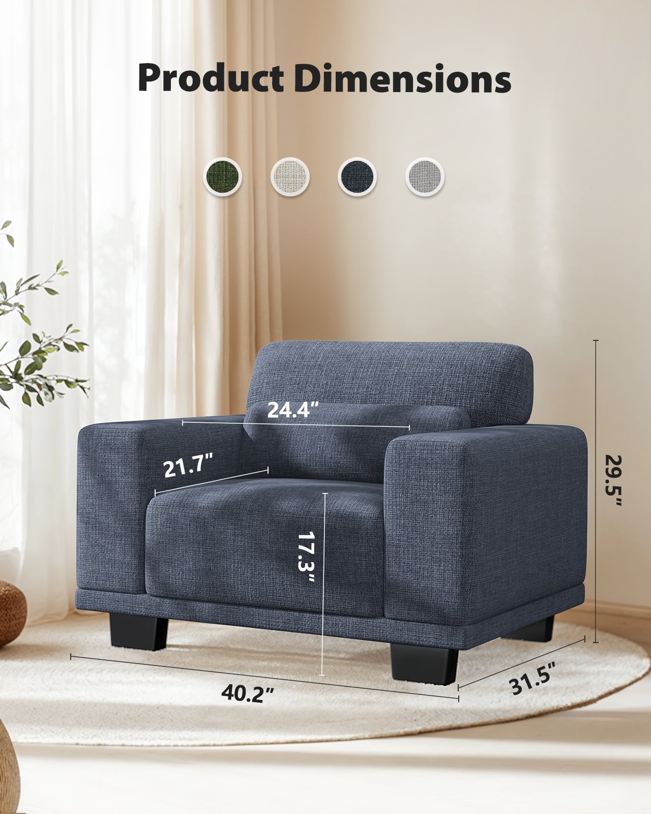 CHITOOMA 40" Oversized Accent Chair, Linen Upholstered Armchair with Washable Covers & Wide Armrests, Deep Seat Sofa Chair for Living Room, Bedroom, or Office, Blue