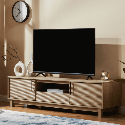 Mid-Century Modern TV Stand for 70" TVs, Wood TV Console with Reeded 2-Door for Living Room, Nature