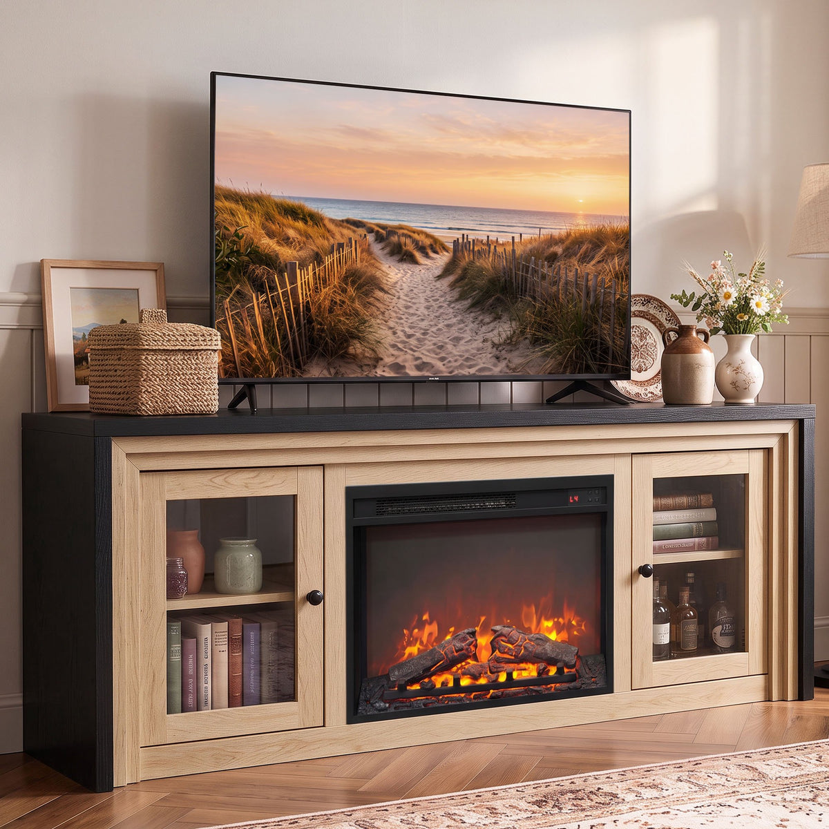 Modern Fireplace TV Stand with 24" Electric Fireplace up to 70" TV, Fireplace TV Console with Glass Barn Doors & Adjustable Shelf, 5100BTU, White