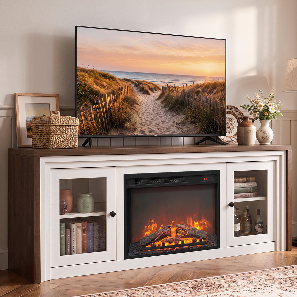 Modern Fireplace TV Stand with 24" Electric Fireplace up to 70" TV, Fireplace TV Console with Glass Barn Doors & Adjustable Shelf, 5100BTU, White