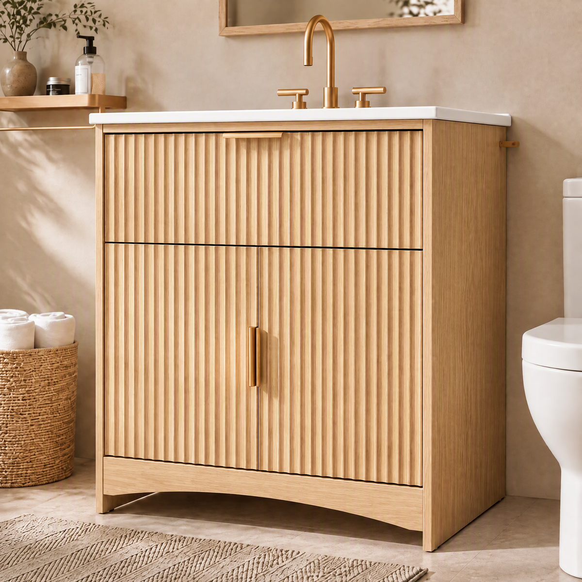 30 Inch Bathroom Vanity with Ceramic Sink, Freestanding Bathroom Cabinet with U-Shaped Drawer and Adjustable Shelf, Modern Fluted Vanity Set, Natural Oak