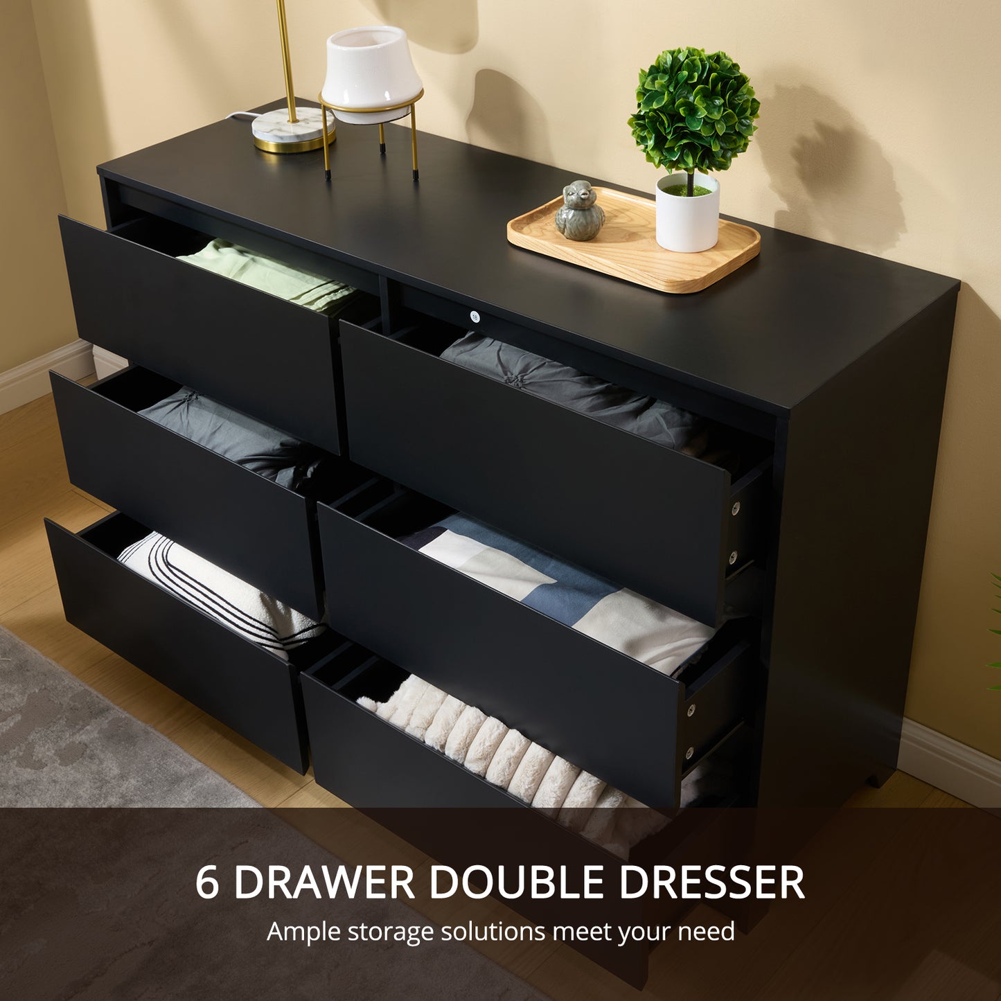 CHITOOMA 6 Drawer Double Dresser, 47.2" Adult Wood Storage Side Cabinet Chest of Drawer for Bedroom Living Room Hallway, Black