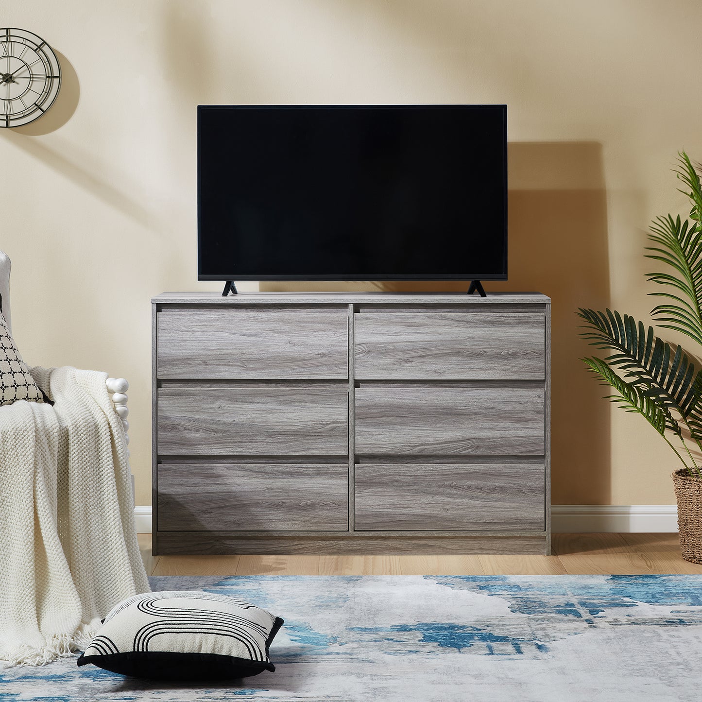 CHITOOMA 6 Drawer Double Dresser, 47.2" Adult Wood Storage Side Cabinet Chest of Drawer for Bedroom Living Room Hallway, Gray
