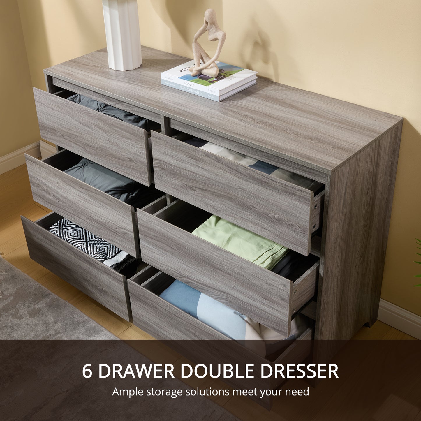 CHITOOMA 6 Drawer Double Dresser, 47.2" Adult Wood Storage Side Cabinet Chest of Drawer for Bedroom Living Room Hallway, Gray