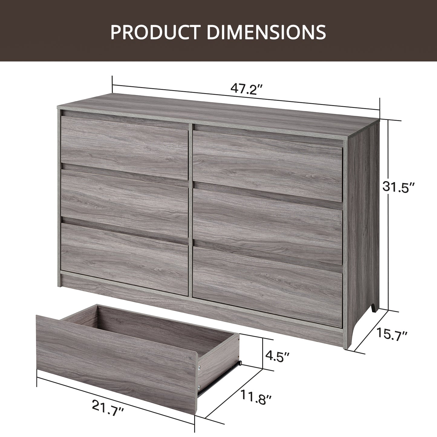 CHITOOMA 6 Drawer Double Dresser, 47.2" Adult Wood Storage Side Cabinet Chest of Drawer for Bedroom Living Room Hallway, Gray