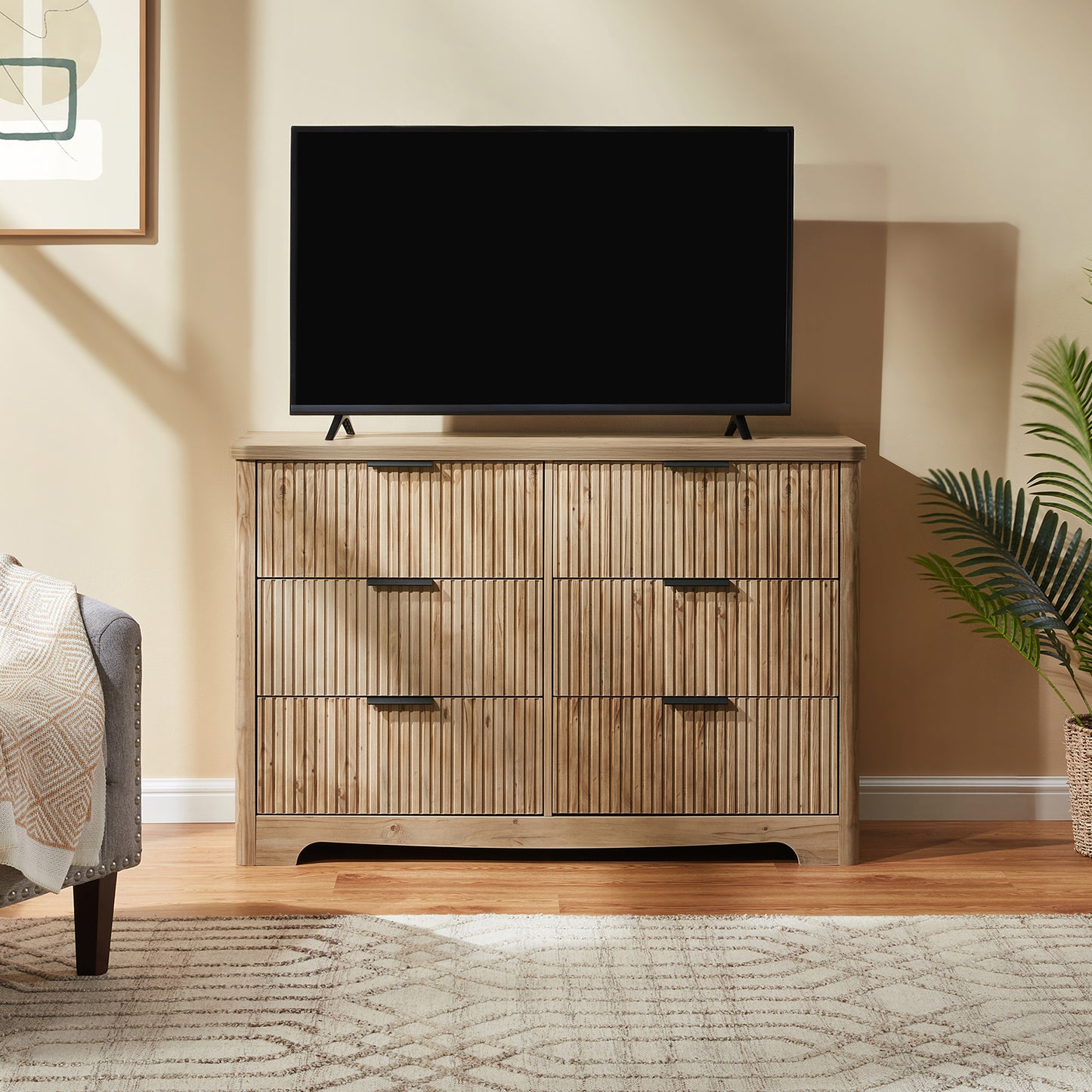 CHITOOMA Fluted Dresser for Bedroom, Modern Wooden 6 Drawer Dresser, Storage Cabine Chest of Drawers for Living Room Hallway, Natural