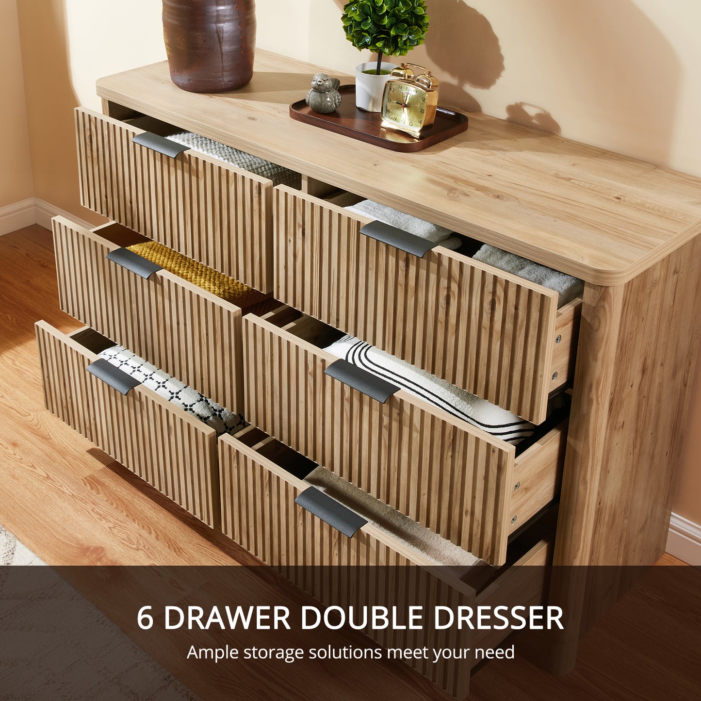 CHITOOMA Fluted Dresser for Bedroom, Modern Wooden 6 Drawer Dresser, Storage Cabine Chest of Drawers for Living Room Hallway, Natural