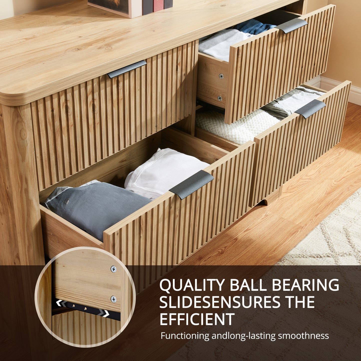 CHITOOMA Fluted Dresser for Bedroom, Modern Wooden 6 Drawer Dresser, Storage Cabine Chest of Drawers for Living Room Hallway, Natural