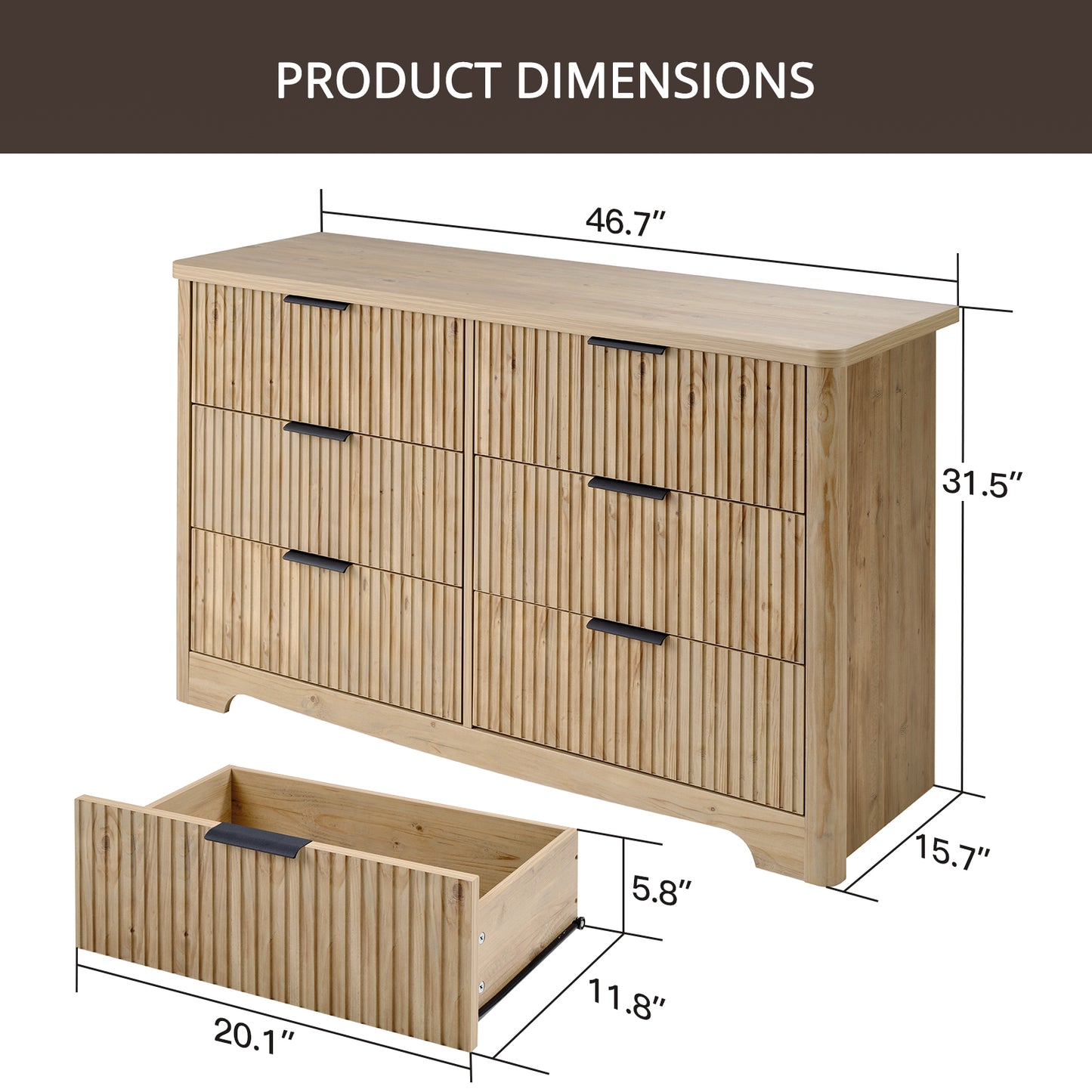 CHITOOMA Fluted Dresser for Bedroom, Modern Wooden 6 Drawer Dresser, Storage Cabine Chest of Drawers for Living Room Hallway, Natural