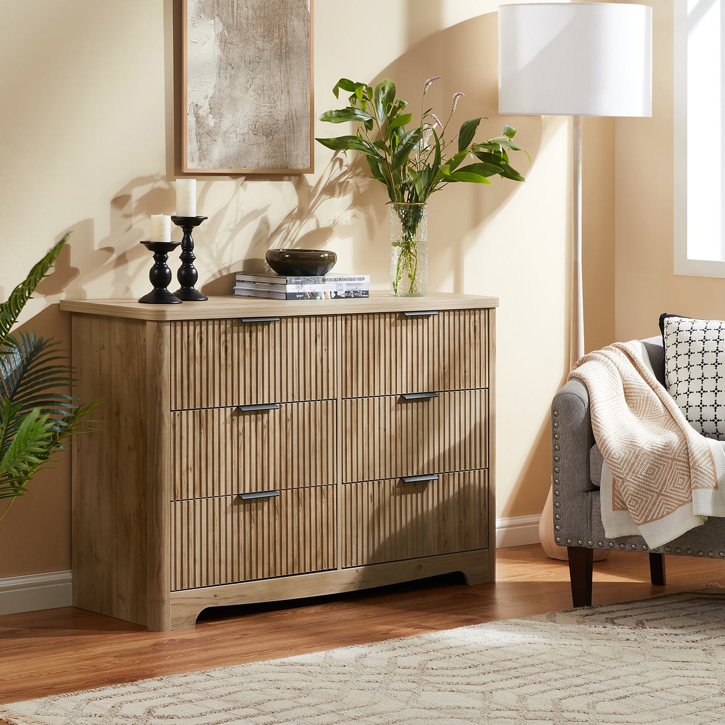 CHITOOMA Fluted Dresser for Bedroom, Modern Wooden 6 Drawer Dresser, Storage Cabine Chest of Drawers for Living Room Hallway, Natural