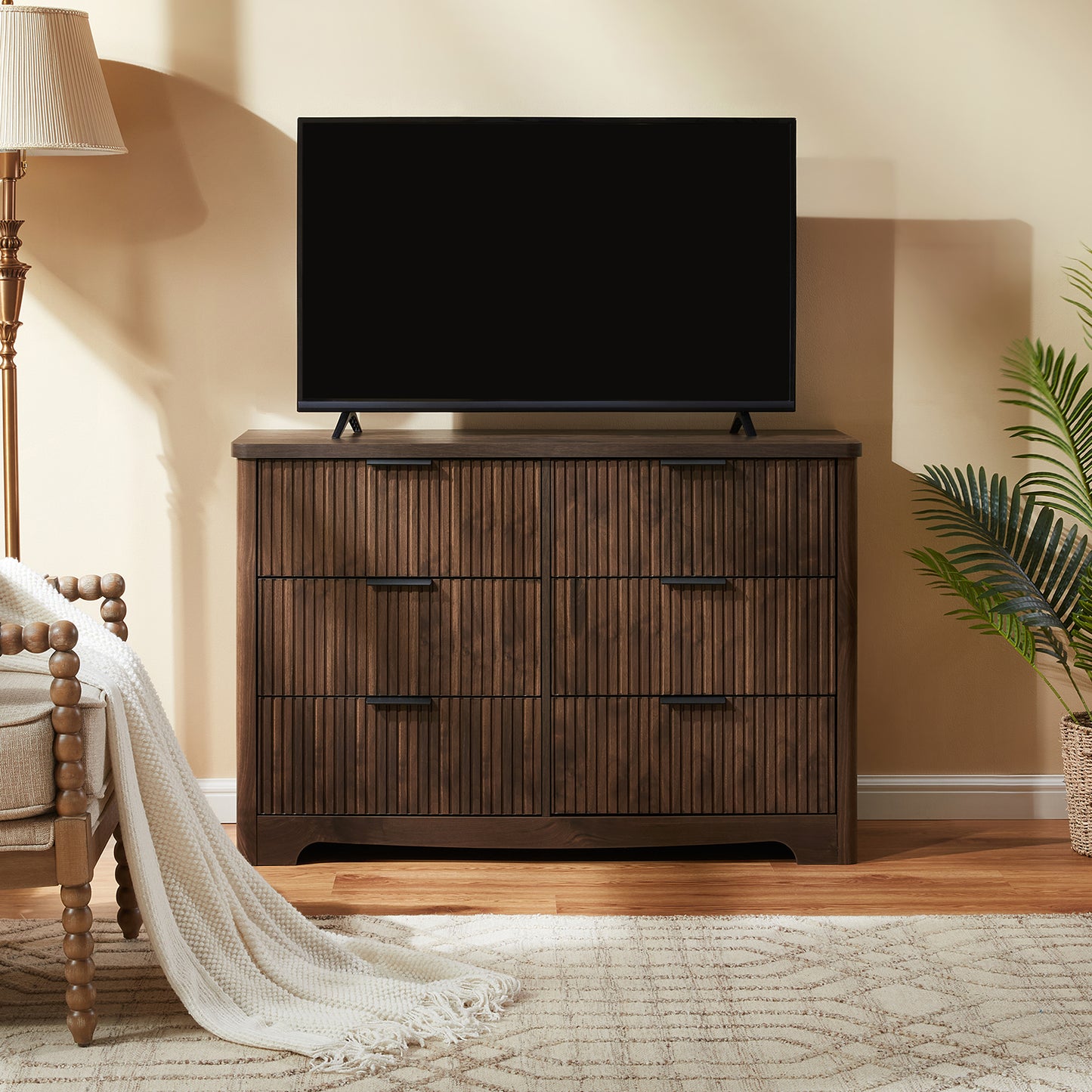 CHITOOMA Fluted Dresser for Bedroom, Modern Wooden 6 Drawer Dresser, Storage Cabine Chest of Drawers for Living Room Hallway, Walnut