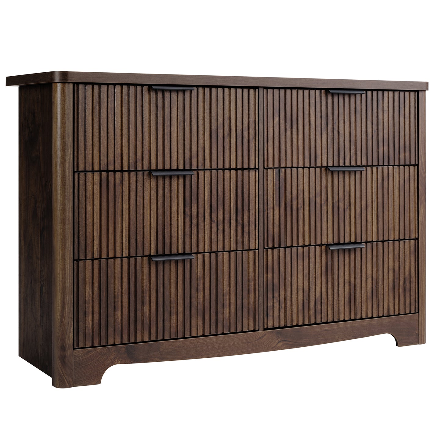 CHITOOMA Fluted Dresser for Bedroom, Modern Wooden 6 Drawer Dresser, Storage Cabine Chest of Drawers for Living Room Hallway, Walnut