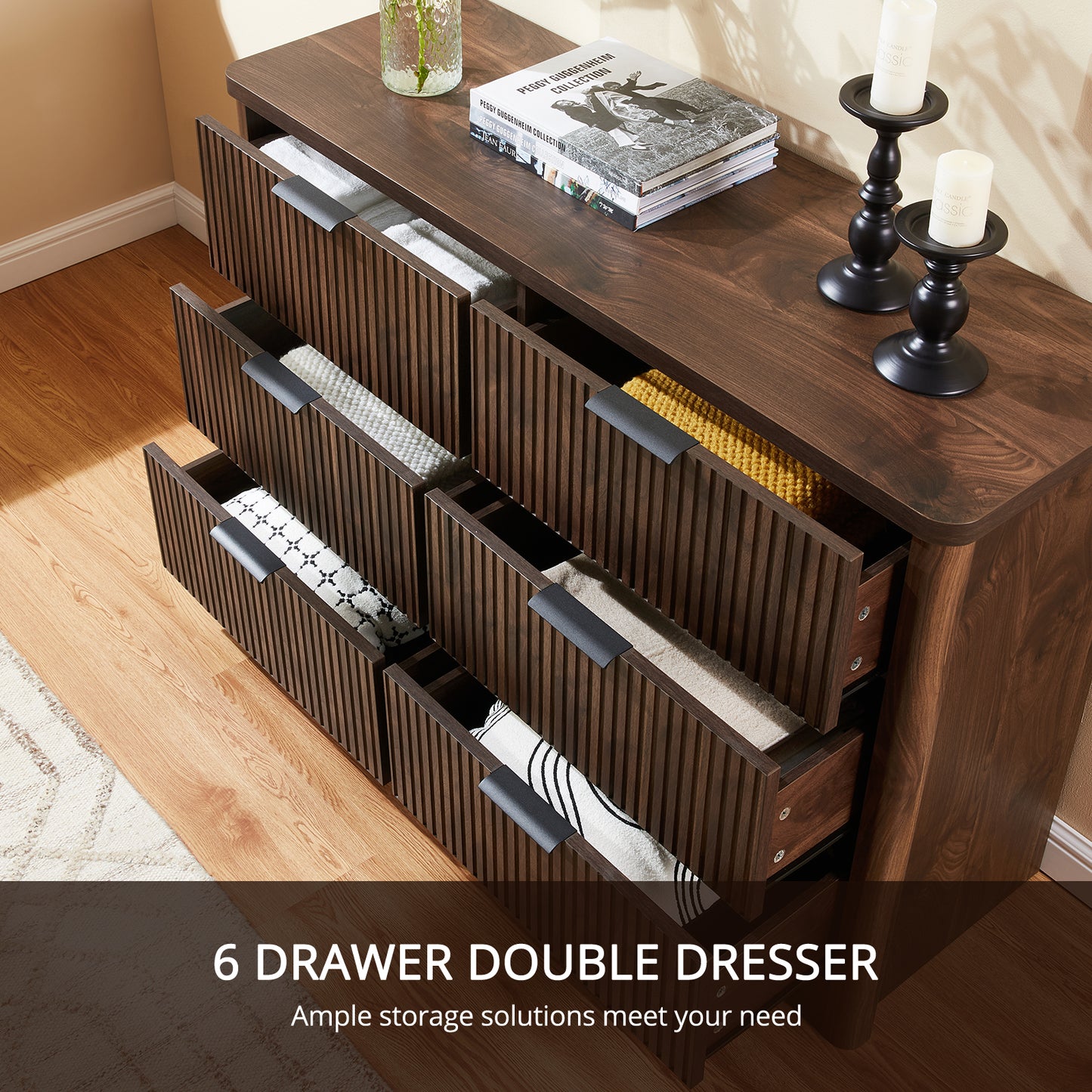 CHITOOMA Fluted Dresser for Bedroom, Modern Wooden 6 Drawer Dresser, Storage Cabine Chest of Drawers for Living Room Hallway, Walnut