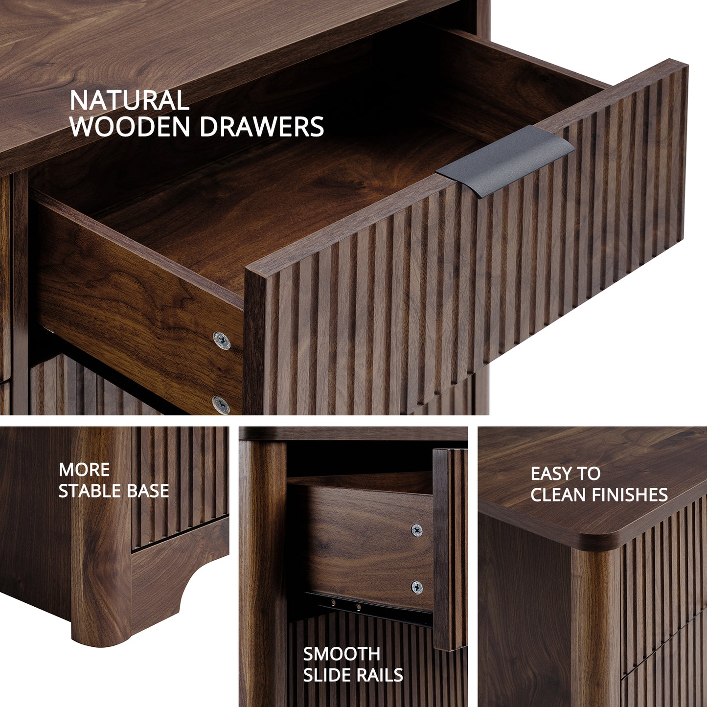 CHITOOMA Fluted Dresser for Bedroom, Modern Wooden 6 Drawer Dresser, Storage Cabine Chest of Drawers for Living Room Hallway, Walnut