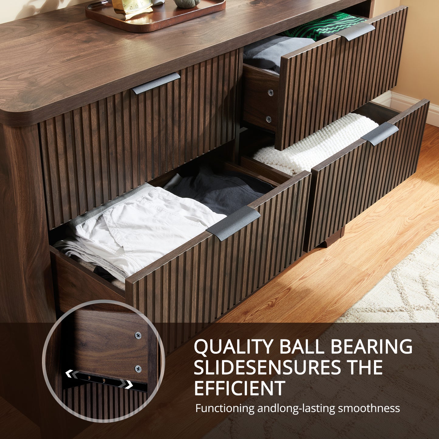 CHITOOMA Fluted Dresser for Bedroom, Modern Wooden 6 Drawer Dresser, Storage Cabine Chest of Drawers for Living Room Hallway, Walnut