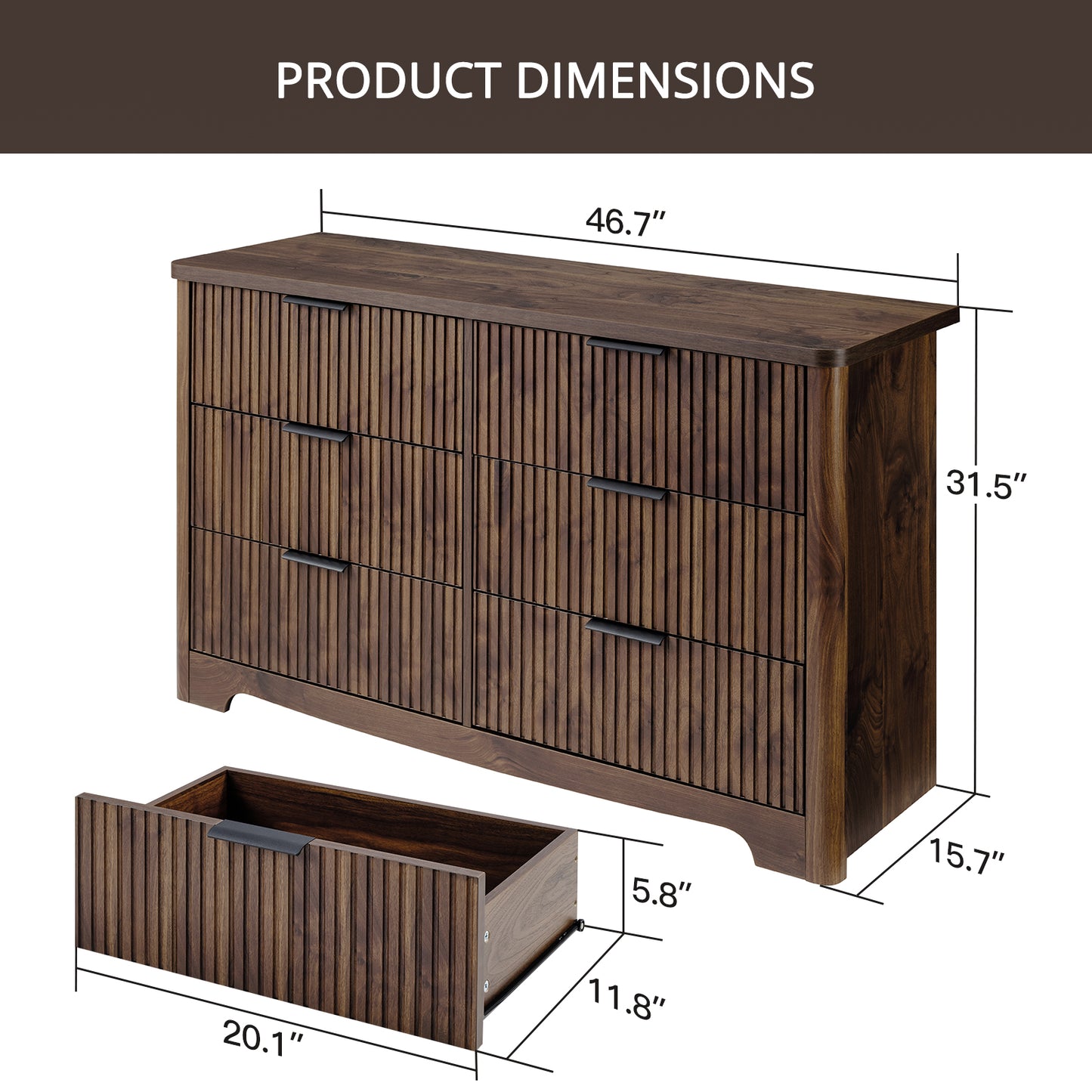 CHITOOMA Fluted Dresser for Bedroom, Modern Wooden 6 Drawer Dresser, Storage Cabine Chest of Drawers for Living Room Hallway, Walnut
