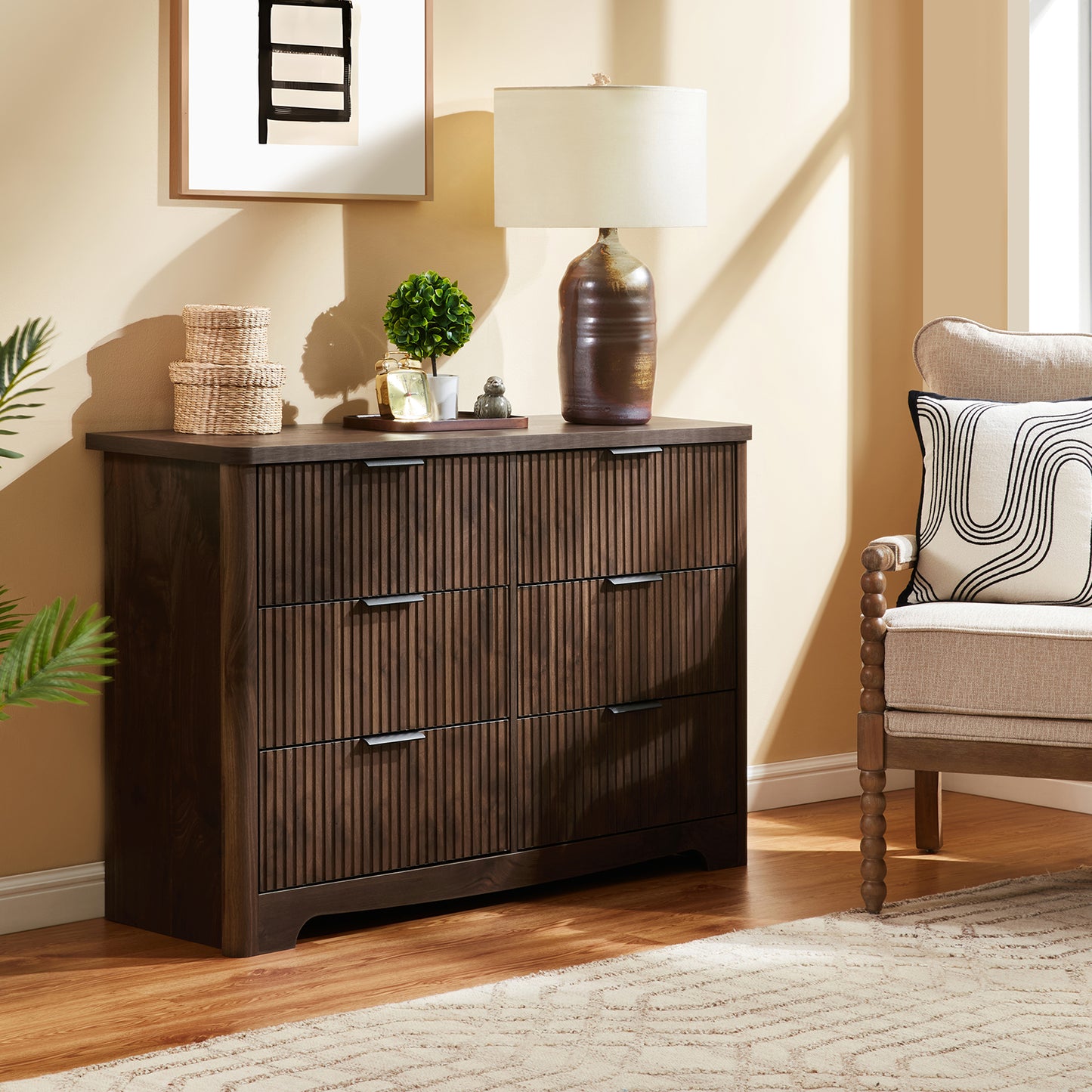 CHITOOMA Fluted Dresser for Bedroom, Modern Wooden 6 Drawer Dresser, Storage Cabine Chest of Drawers for Living Room Hallway, Walnut