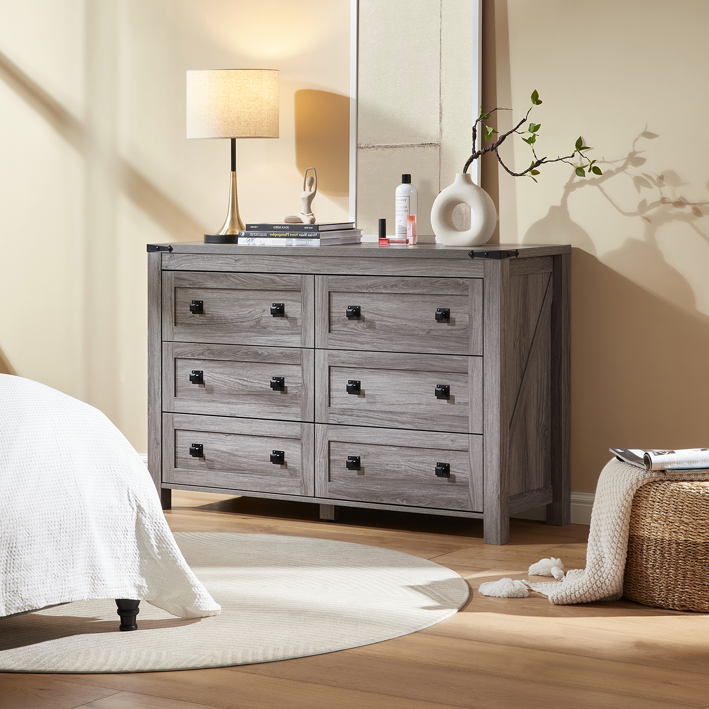 CHITOOMA Wooden Dressers for Bedroom 6 Drawer Adult, 47.2" Storage Cabine with Double Handle, Chest of Drawers for Living Room Hallway, Gray