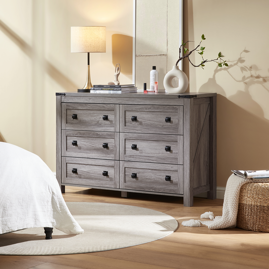 CHITOOMA Wooden Dressers for Bedroom 6 Drawer Adult, 47.2" Storage Cabine with Double Handle, Chest of Drawers for Living Room Hallway, Gray