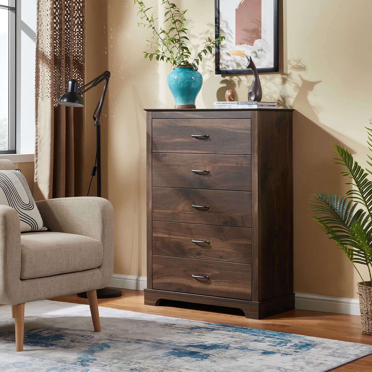 CHITOOMA 5 Drawer Dressers for Bedroom, Adult Tall Wooden Chest of Drawers, Storage Cabine for Living Room Entryway, Walnut