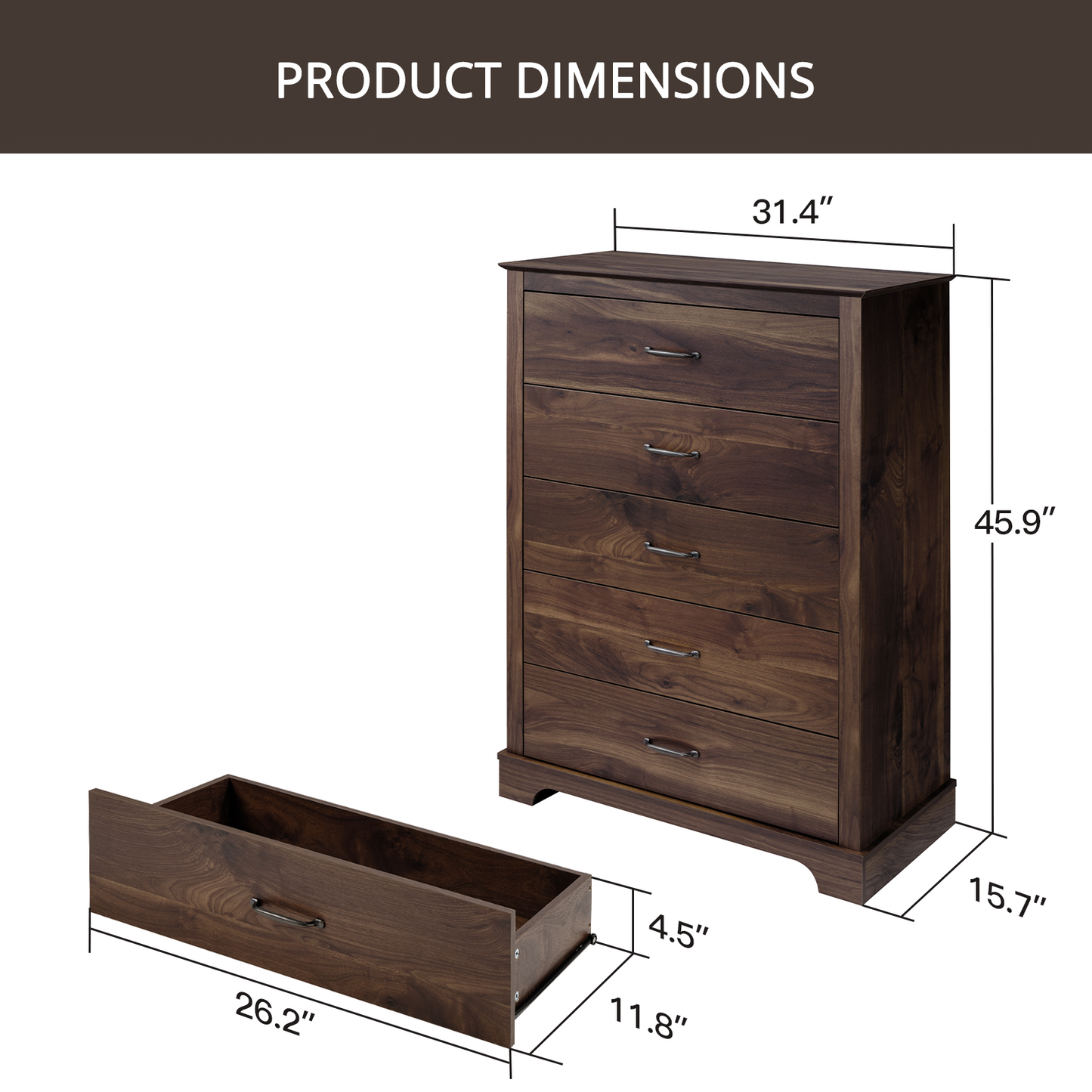CHITOOMA 5 Drawer Dressers for Bedroom, Adult Tall Wooden Chest of Drawers, Storage Cabine for Living Room Entryway, Walnut