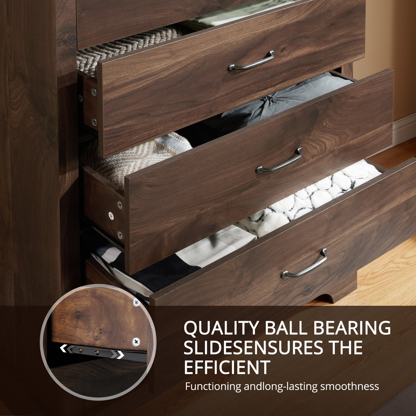 CHITOOMA 5 Drawer Dressers for Bedroom, Adult Tall Wooden Chest of Drawers, Storage Cabine for Living Room Entryway, Walnut