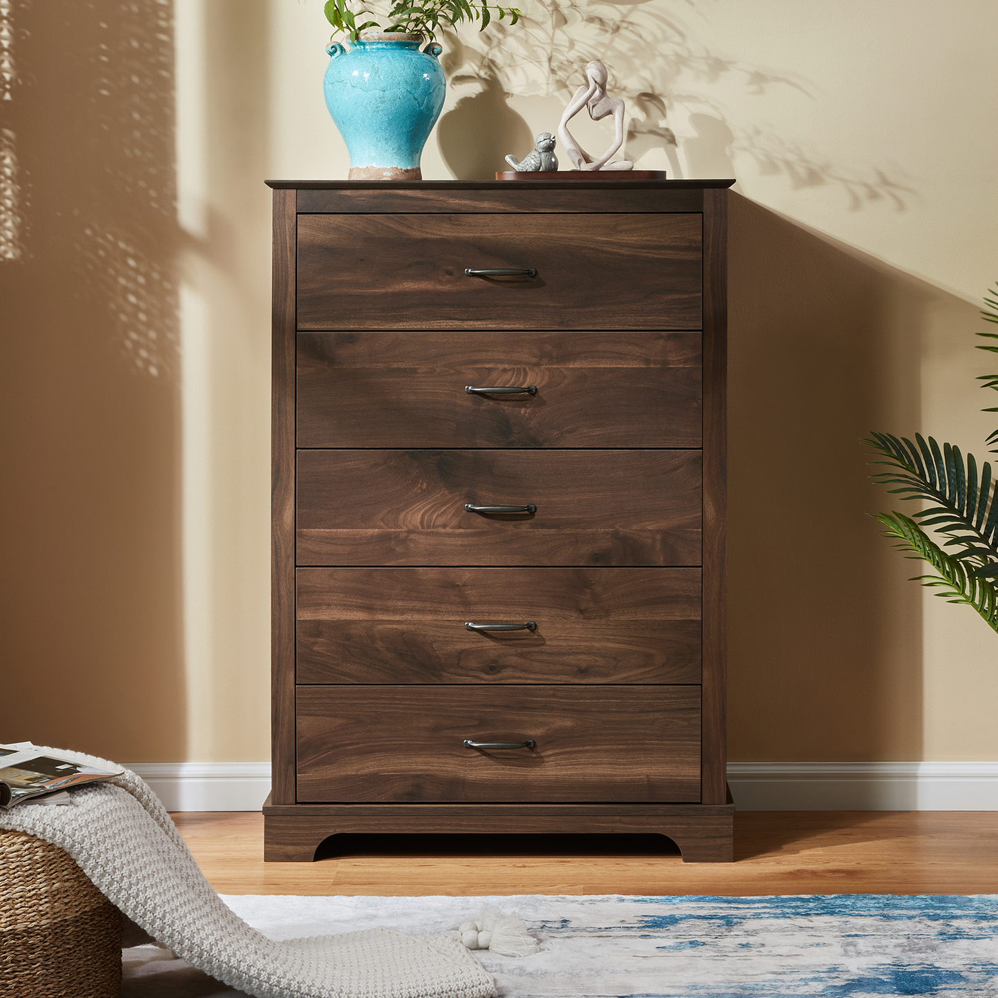 CHITOOMA 5 Drawer Dressers for Bedroom, Adult Tall Wooden Chest of Drawers, Storage Cabine for Living Room Entryway, Walnut