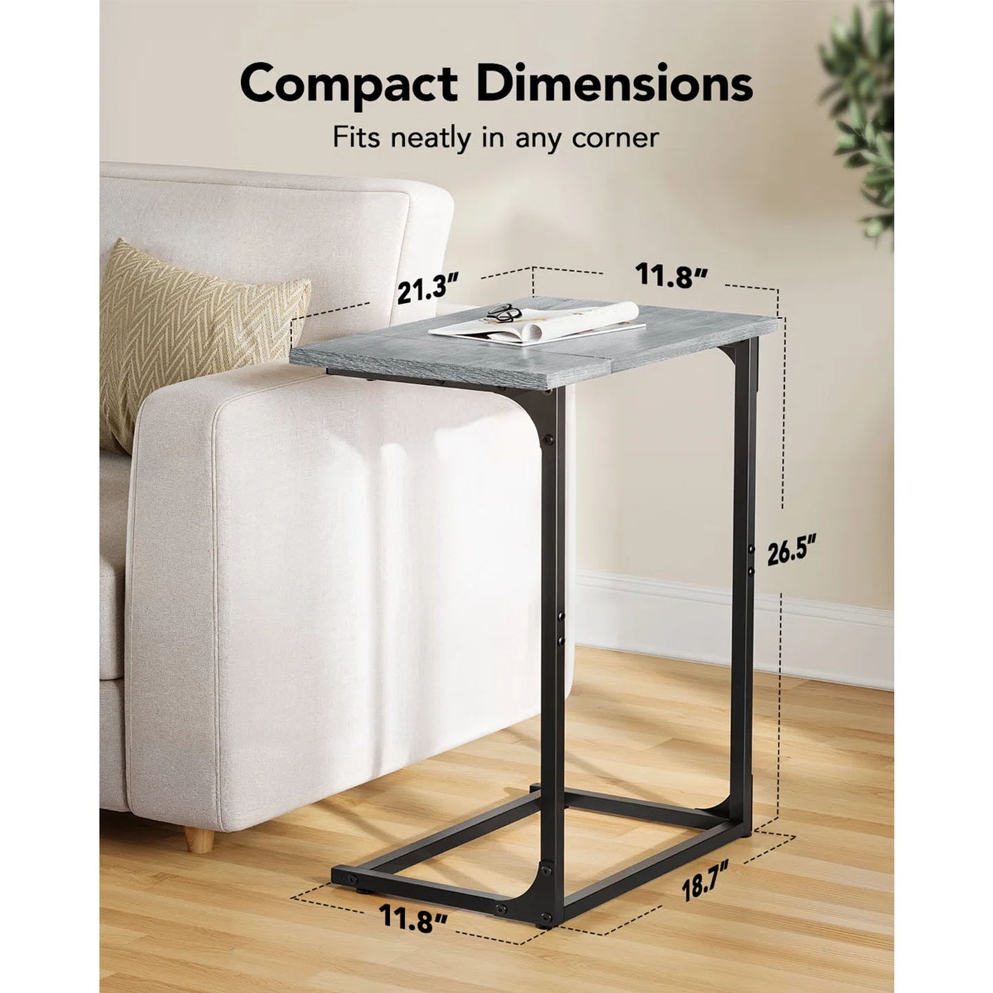 C Shaped Metal Couch End Table Tray Table 2pcs, Widened Side Table Sofa Table Nightstand for Bedroom, Living Room, 27"(H) x 21.1"(W) x 11.4"(D), Grey