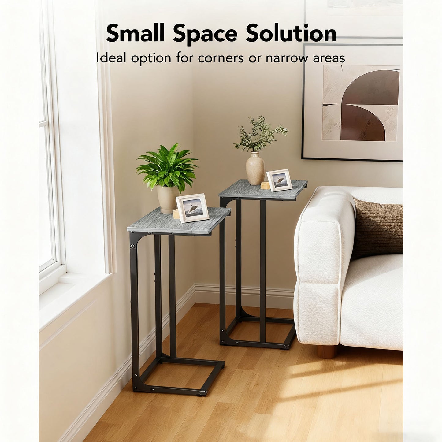 C Shaped Metal Couch End Table Tray Table 2pcs, Widened Side Table Sofa Table Nightstand for Bedroom, Living Room, 27"(H) x 21.1"(W) x 11.4"(D), Grey