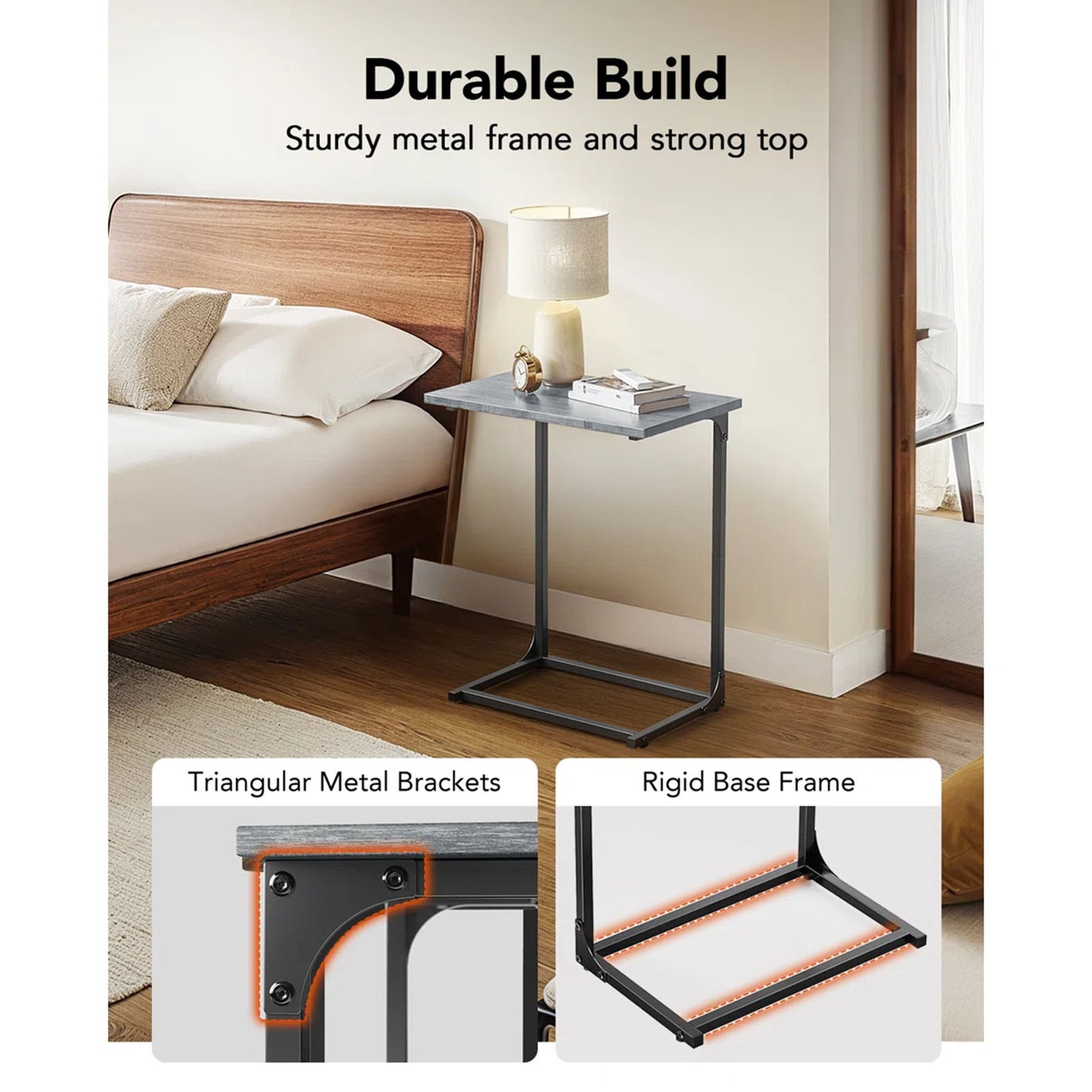 C Shaped Metal Couch End Table Tray Table 2pcs, Widened Side Table Sofa Table Nightstand for Bedroom, Living Room, 27"(H) x 21.1"(W) x 11.4"(D), Grey