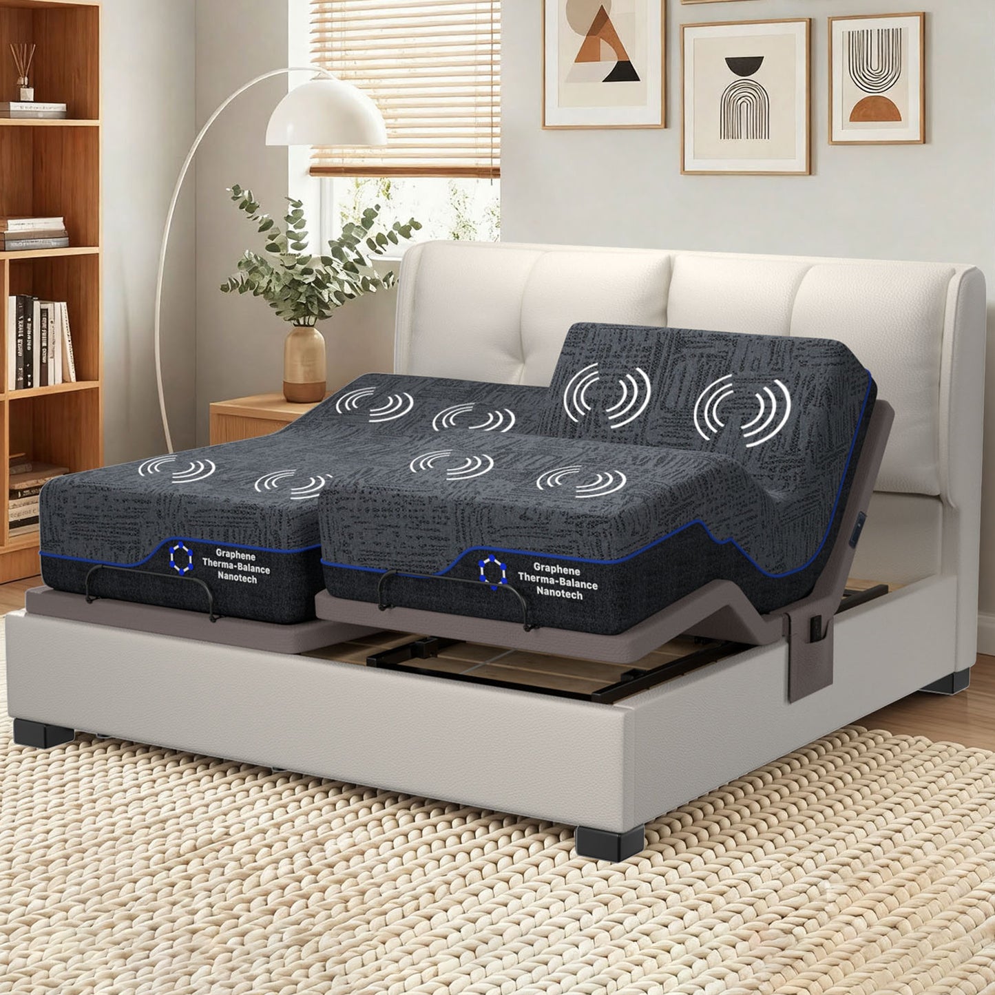 CHITOOMA Split King Adjustable Massage Bed Frame + 14" Gel Memory Foam Mattress, Zero-Clearance Electric Bed with Wireless Remote, Graphene Fabric Cover, Pressure Relief, Mattress in a Box
