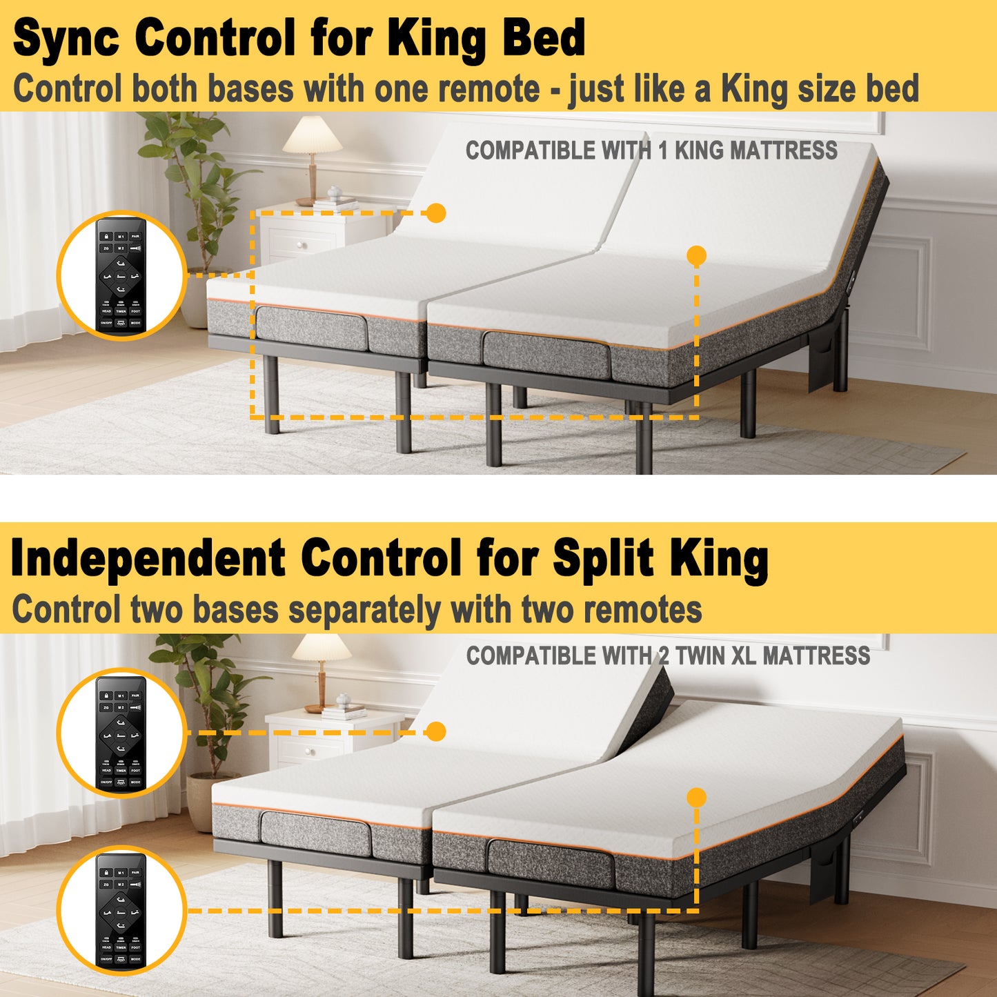 CHITOOMA Electric Adjustable Bed Frame Split King with Massage (4 Modes & 3 Intensities), Wireless Remote, Zero Gravity, 4 Height Options, Under-Bed Nightlight, 3 Minutes Fast Assembly