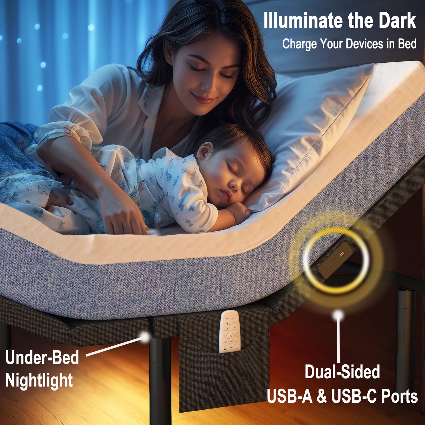 CHITOOMA Electric Adjustable Bed Frame Full with Massage (4 Modes & 3 Intensities), Wireless Remote, Zero Gravity, 4 USB Ports, Under-Bed Nightlight, 3 Minutes Fast Assembly