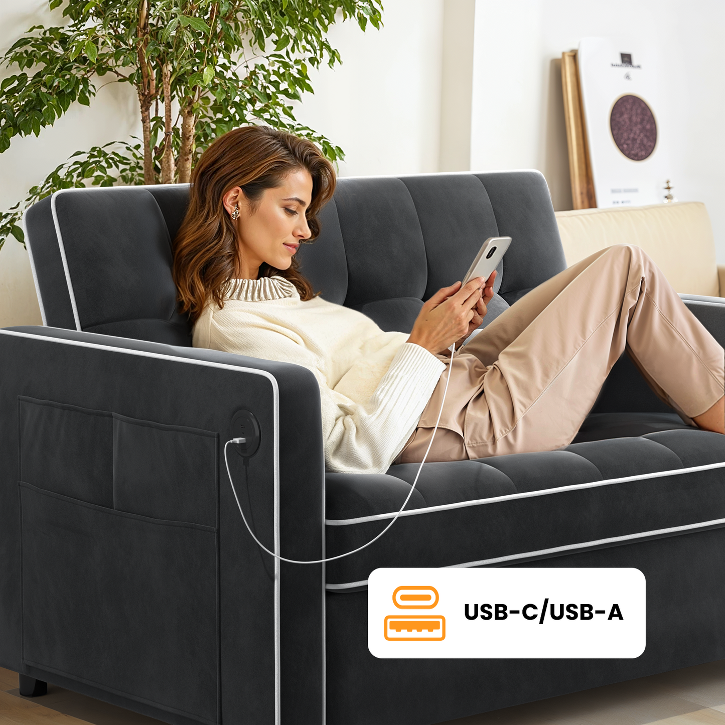 CHITOOMA 3 in 1 Pull Out Sofa Bed with Adjustable Backrest, 70" Convertible Loveseat Sleeper Couch with Charging Port, Side Pockets & Cylinder Pillows for Living Room Apartment, Black