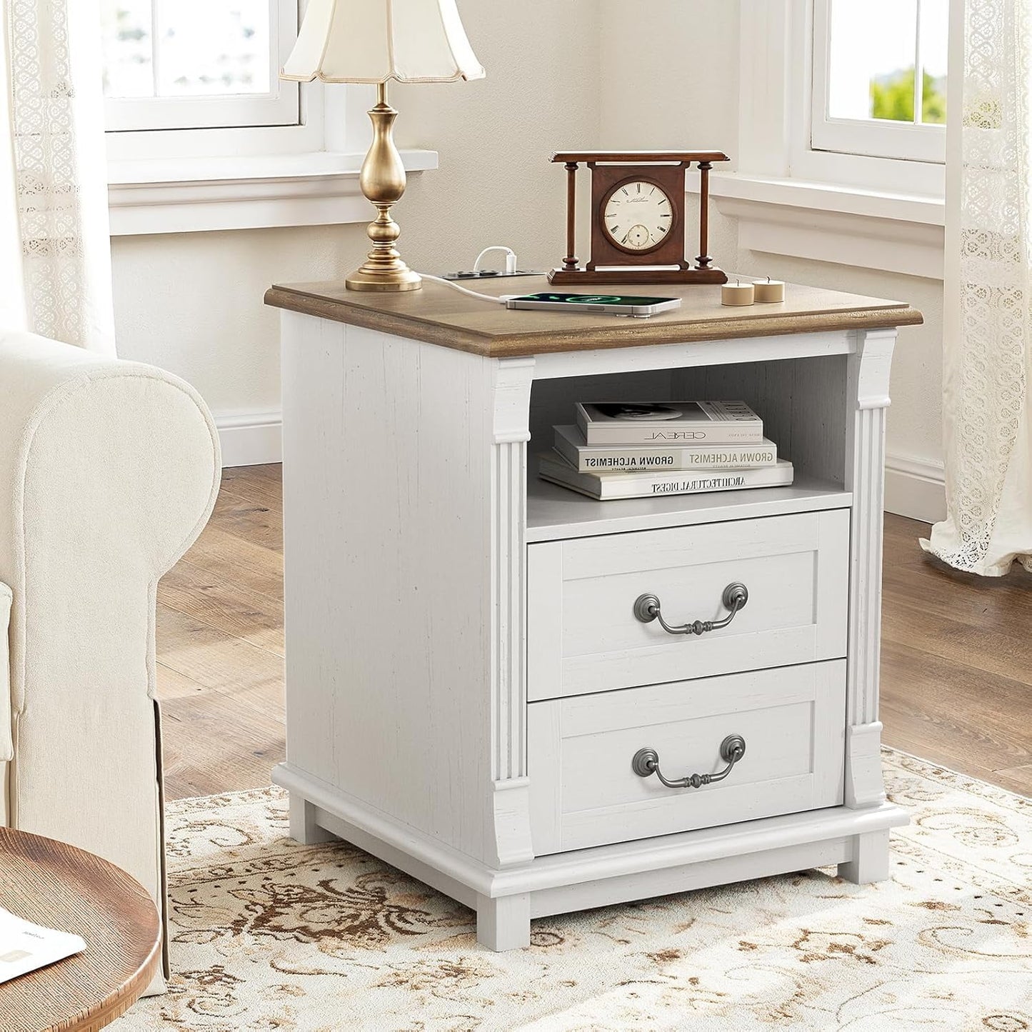 CHITOOMA Nightstand with Charging Station, 18" Bedside Table with USB Ports and AC Outlets, 2-drawer, Farmhouse Wood Side Table for Bedroom