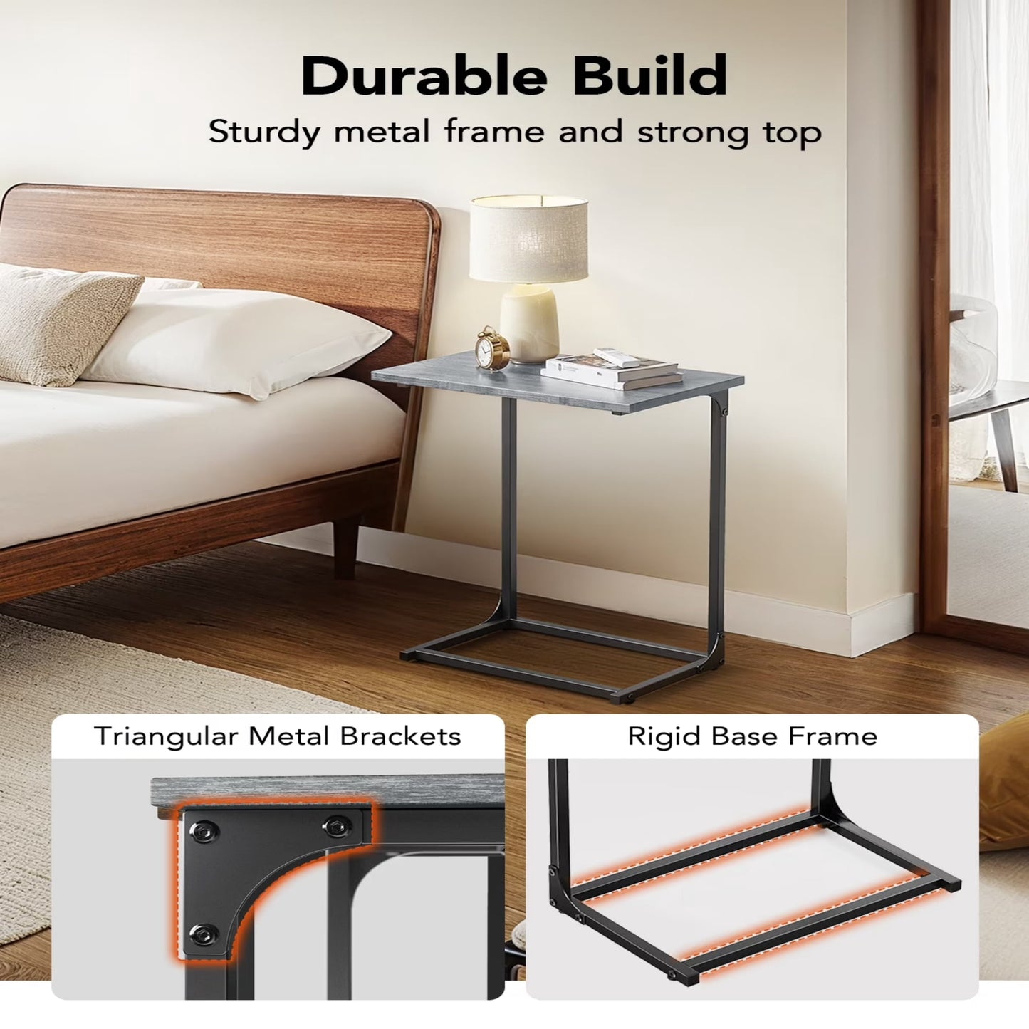 C Shaped Metal Couch End Table Tray Table 2pcs, Widened Side Table Sofa Table Nightstand for Bedroom, Living Room, 27"(H) x 21.1"(W) x 11.4"(D), Grey