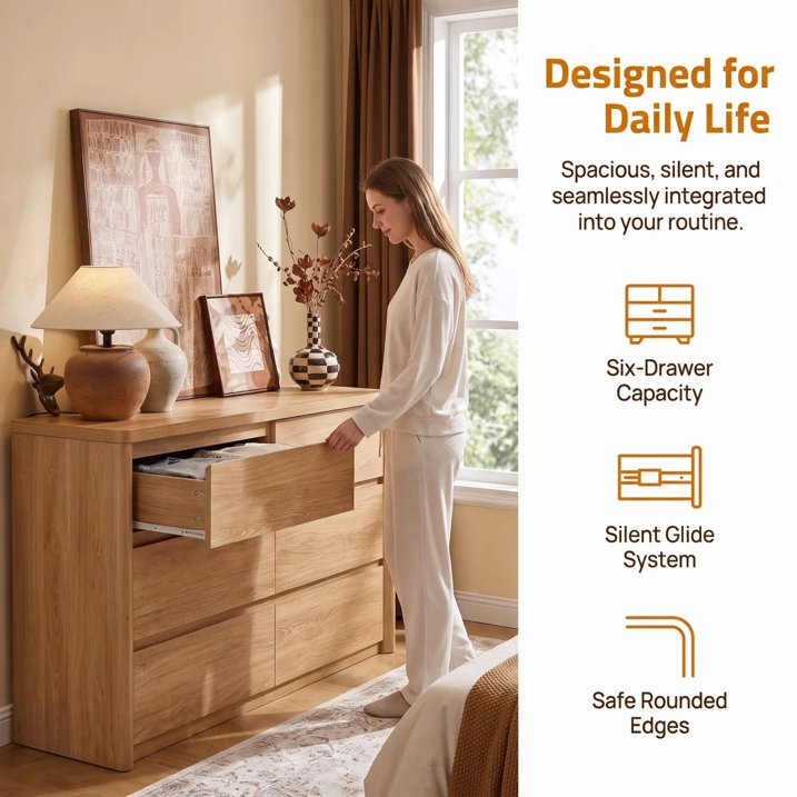 CHITOOMA 6 Drawer Dresser for Bedroom, 31" Modern Chest, Natural