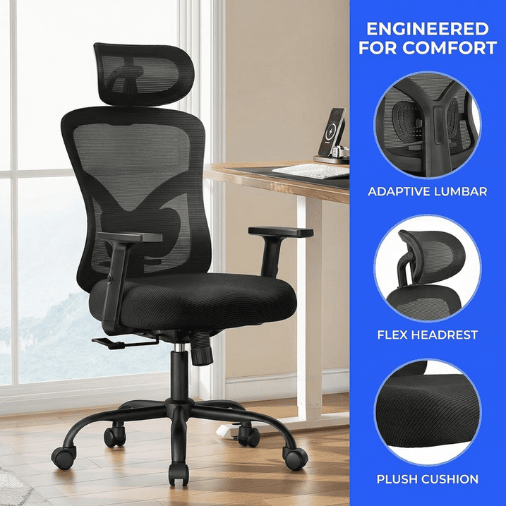 BESTERGO Ergonomic Office Chair with Adjustable Lumbar Support, 2D Headrest, Height-Adjustable Armrests, Reclining Backrest, Thick Seat Cushion, Rolling Desk Chair for Home Office