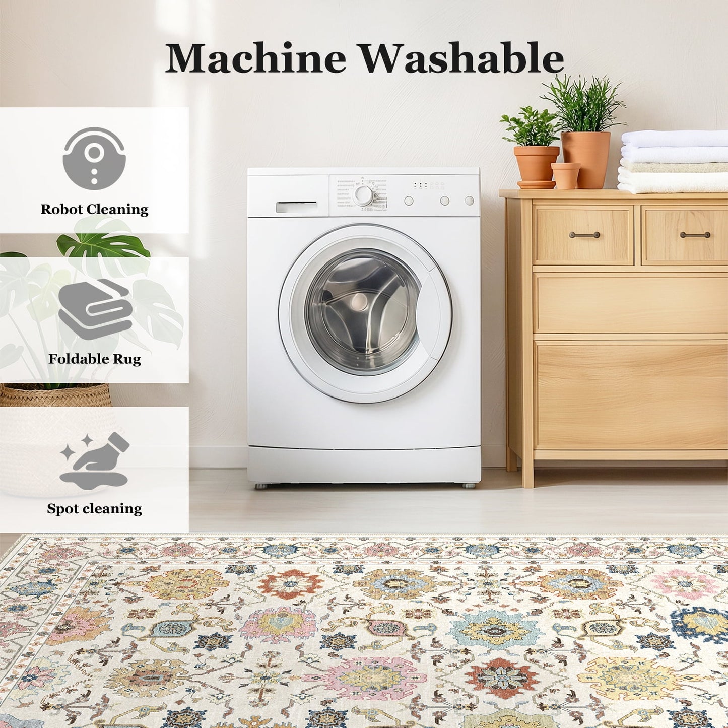 CHITOOMA 8'x10' Area Rugs for Living Room, Boho Machine Washable Floral Area Rug with Non-Slip Backing, Stain Resistant Non-Shed Carpet for Bedroom, Dining Room, Dorm, Office