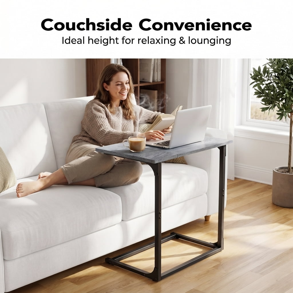 C Shaped Metal Couch End Table Tray Table, Widened Side Table Sofa Table Nightstand for Bedroom, Living Room, 27"(H) x 21.1"(W) x 11.4"(D), Grey