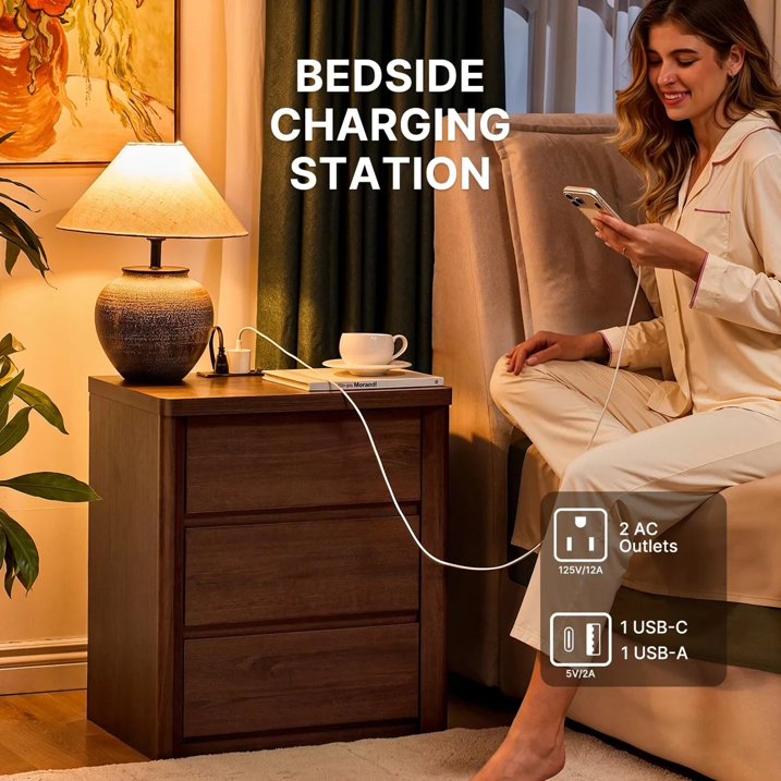 CHITOOMA 24.8" Nightstand Set of 2 with Charging Station for Bedroom, Walnut