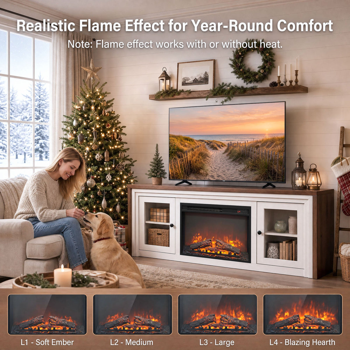 Modern Fireplace TV Stand with 24" Electric Fireplace up to 70" TV, Fireplace TV Console with Glass Barn Doors & Adjustable Shelf, 5100BTU, White